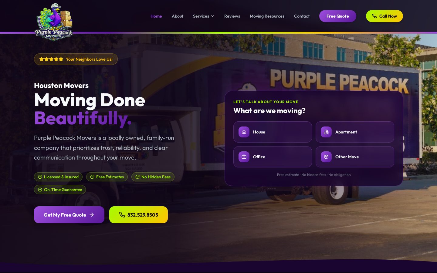Screenshot of purplepeacockmovers.com